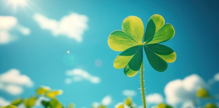 close-up of a tall multi-leaf clover on a hairy stem reaching toward bright sunlit blue sky with fluffy clouds, evoking a cheerful hopeful feeling