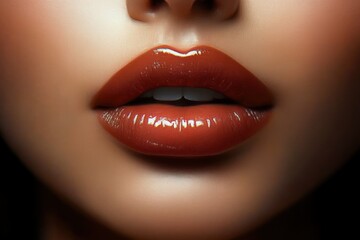 Fototapeta premium intimate close-up of glossy red-brown lips, smooth cheek and chin bathed in warm soft light conveying a sensual and contemplative mood