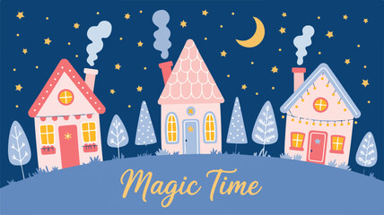 Winter Christmas landscape with snowy houses and trees