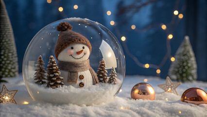 Cute snowman in a snow globe with festive lights background