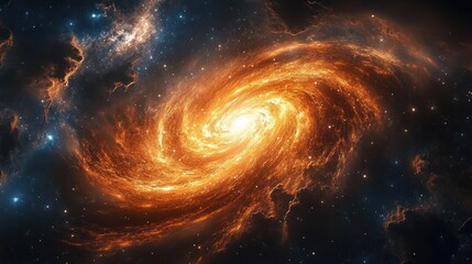 Majestic glowing orange spiral galaxy with swirling gas and scattered stars in deep space, dramatic and awe-inspiring cosmic vortex