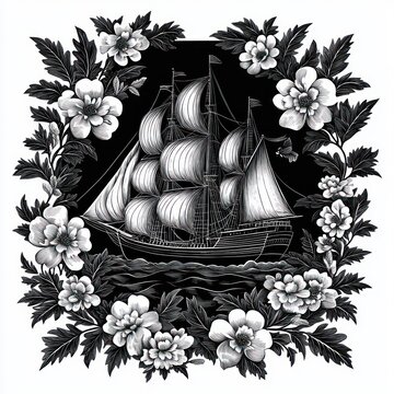 Monochrome engraving of a three-masted sailing ship with billowing sails on calm waves, surrounded by an ornate floral wreath of blossoms and leaves, evoking serene nostalgia