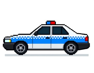 Pixelated police car graphic with blue and white color scheme