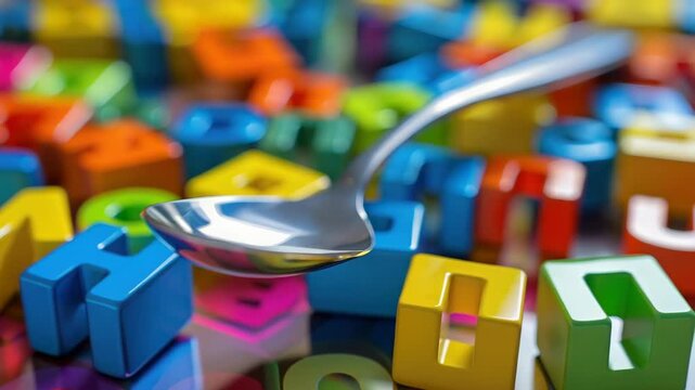 Colorful plastic alphabet letters scattered with metallic spoon