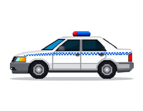 Pixelated white sedan, blue & red light, side profile