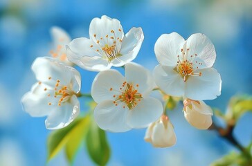 Obraz premium Delicate white spring blossoms with golden stamens and unopened buds on a leafy branch against a soft blue sky, evoking calm, fresh and peaceful springtime serenity