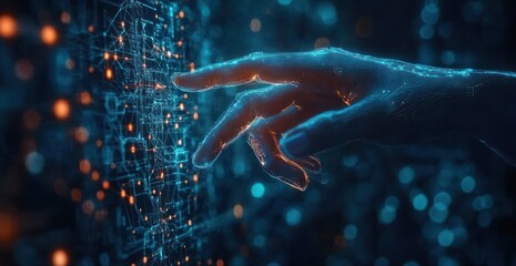 Neon digital hand reaching toward a holographic circuit network of glowing orange nodes and blue lines against a soft bokeh background, conveying curiosity and futuristic connection