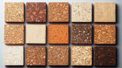 sixteen square natural material swatches in earthy browns and beiges arranged in a neat four by four grid, textured cork and stone tiles conveying a warm, calm, orderly mood