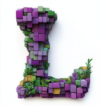 Whimsical vibrant 3D letter L formed from stacked colorful cubes with green plants and moss growing through geometric blocks on a clean white background