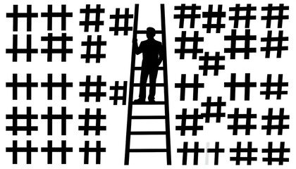 Silhouette climbing ladder among hashes. Abstract concept of social media