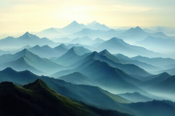 Layered misty mountain ranges at dawn with soft golden light, forested ridges and tranquil blue-green peaks evoking calm and expansive serenity