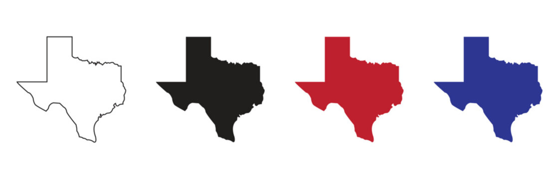 Set of texas map silhouettes in outline black solid black red and blue isolated on a clean white background representing american states geography and usa tourism