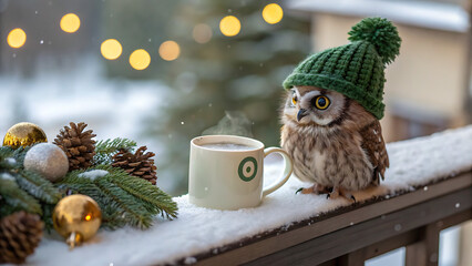 Cute owl wearing a green knitted hat next to hot drink in snow