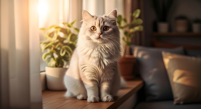 A fluffy light-colored cat sits on a sunlit wooden windowsill indoors, looking directly at the camera.