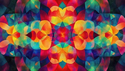 vibrant kaleidoscopic mandala of overlapping colorful petals and leaf shapes with a central star, mirrored radial symmetry and textured painted brushstrokes, energetic and joyful