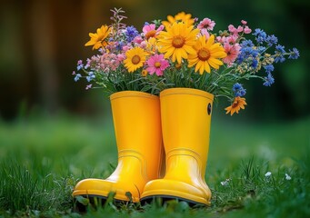 bright yellow rain boots used as planters overflowing with colorful wildflowers on green grass, whimsical cheerful spring garden scene