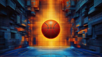 floating basketball suspended in a glowing orange grid tunnel above a futuristic blue court with geometric digital walls, energetic and intense atmosphere