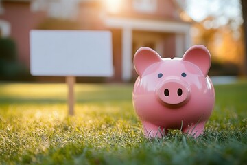 pink piggy bank on sunlit front lawn with blank yard sign and blurred house in the background, conveying hopeful home savings and optimism