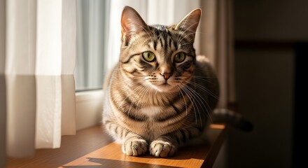 A beautiful tabby cat with green eyes sitting on a sunlit wooden windowsill next to white curtains.