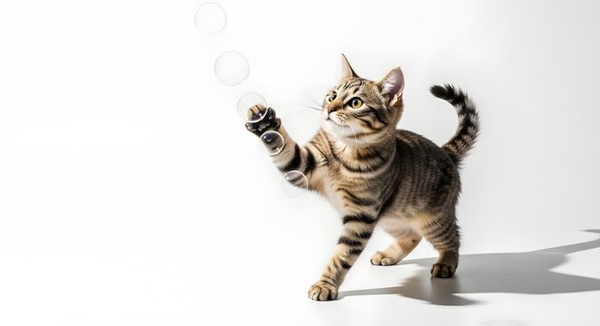 A playful tabby cat with striped fur reaching out to catch soap bubbles against a clean white background. - Powered by Adobe