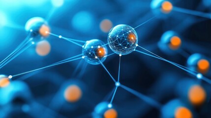 Interconnected blue spheres with glowing orange cores linked by luminous lines, forming a futuristic molecular network conveying energy, connectivity and scientific discovery