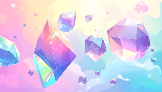 Pastel-hued, floating crystalline shapes against a dreamy sky