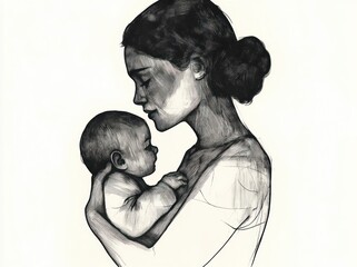 mother gently cradling an infant in a tender monochrome ink sketch, intimate protective embrace