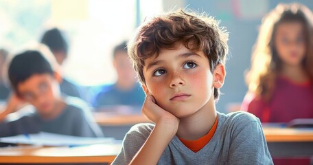 young boy daydreaming with chin on hand at a sunlit classroom desk while classmates sit in the background in a quiet pensive mood