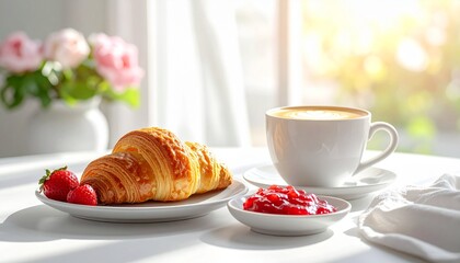 クロワッサンと苺ジャムの朝食シーン｜シンプル・食・背景・教育に使える高解像度イメージ
