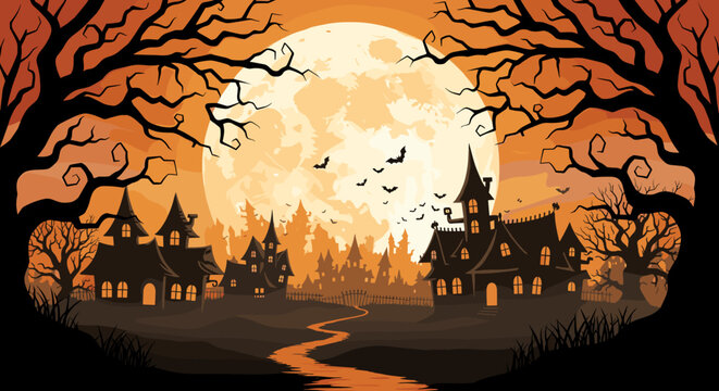 A spooky halloween night scene with haunted houses under a full moon, bats flying, and bare trees creating a festive and eerie atmosphere