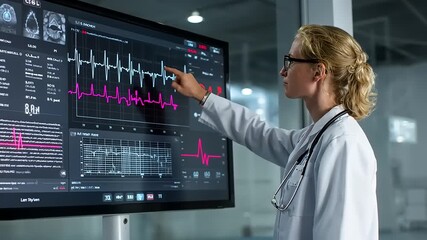 Doctor analyzing patient data on a digital monitor in a modern medical facility with graphs and statistics - Powered by Adobe
