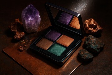 Luxury makeup palette with purple and gold shades surrounded by crystals and gemstones, elegant beauty still life.
