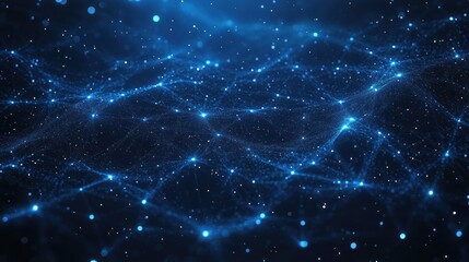 glowing blue network of interconnected points and fine luminous filaments over a dark cosmic background, evoking a mysterious futuristic digital landscape
