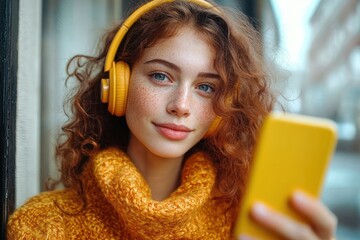 young woman with curly red hair in a chunky mustard sweater wearing yellow headphones and holding a matching yellow smartphone, relaxed and cozy on a city street