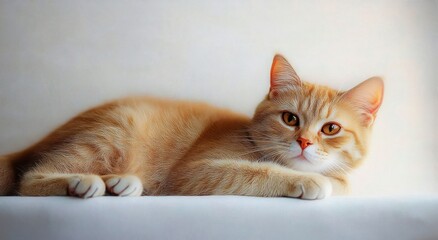 Relaxed ginger tabby cat lying on a white surface with paws forward, amber eyes gazing calmly at the camera, soft warm lighting and a cozy, content expression