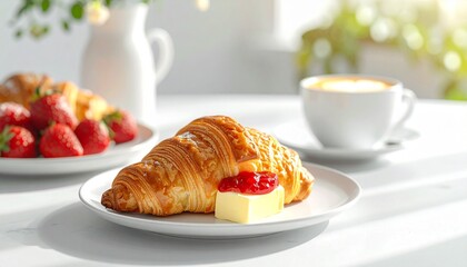 クロワッサンと苺ジャムの朝食シーン｜シンプル・食・背景・教育に使える高解像度イメージ
