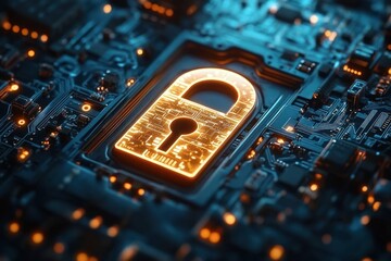 Glowing golden padlock embedded in a dark blue circuit board with illuminated traces, conveying digital security, protection, and futuristic cyber defense