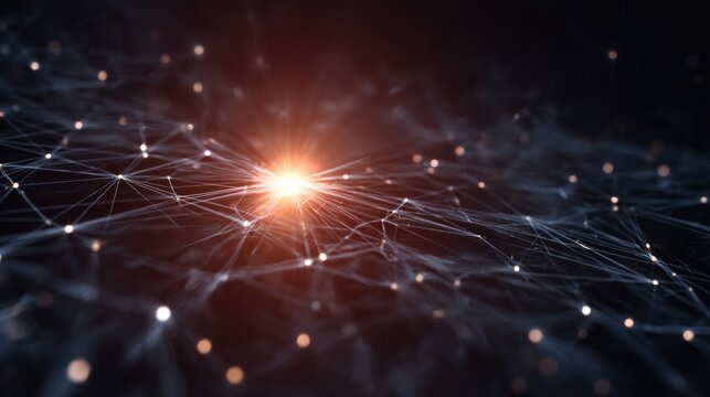 A glowing point of light emerges from a web of interconnected lines and nodes, representing a digital network or technology theme.