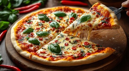 Close-up of a whole cheese pizza on a wooden board topped with fresh basil and sliced red chili peppers, a hand lifting a melty slice with stretching cheese, inviting and mouthwatering
