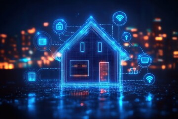 Glowing blue holographic wireframe house with floating connection icons, reflective wet surface and blurred city lights, evoking secure futuristic connectivity