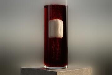 Glass cylinder filled with red liquid and floating tampon, bold visual metaphor of menstruation.
