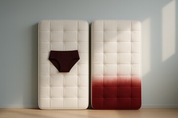 Menstrual panties on two mattresses, one clean and one stained red, comfort and absorption concept.
