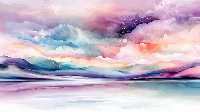 An abstract, ethereal landscape painting featuring soft watercolor clouds in pastel hues of pink, purple, and blue, with rolling hills and a calm, reflective bo