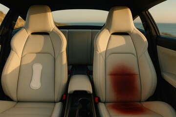 Two car seats side by side, one clean with sanitary pad, the other stained red, hygiene and protection metaphor.
