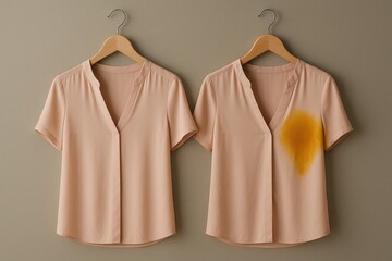 Two shirts hanging side by side, one clean and one with visible yellow stain, deodorant comparison concept.
