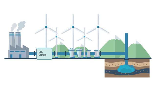 Carbon capture system illustration with industrial plant, wind turbines and underground CO2 storage for clean energy and climate change solution