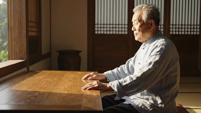 Thoughtful senior man meditating peacefully in traditional sunlit room