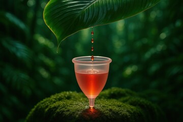 Menstrual cup in lush jungle, red drop falling from leaf, natural feminine hygiene and sustainability symbol.
