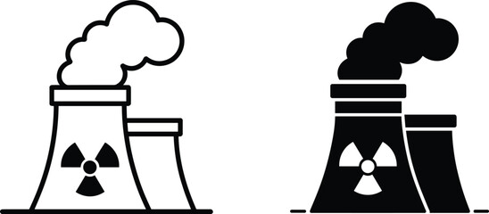 Minimalist nuclear power plant icons, atomic energy symbol, industrial cooling towers, radiation sign illustration, clean vector design for technology concepts