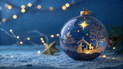 Blue christmas ornament with nativity scene on snowy surface